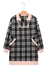 Black Plaid Polo Collar Zip up Contrast Trim Shift Long Sleeve Mini Dress - MarkoFit