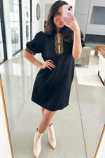 Black Leopard Patchwork Zip Collared Short Puff Sleeve Shift Mini Dress - MarkoFit