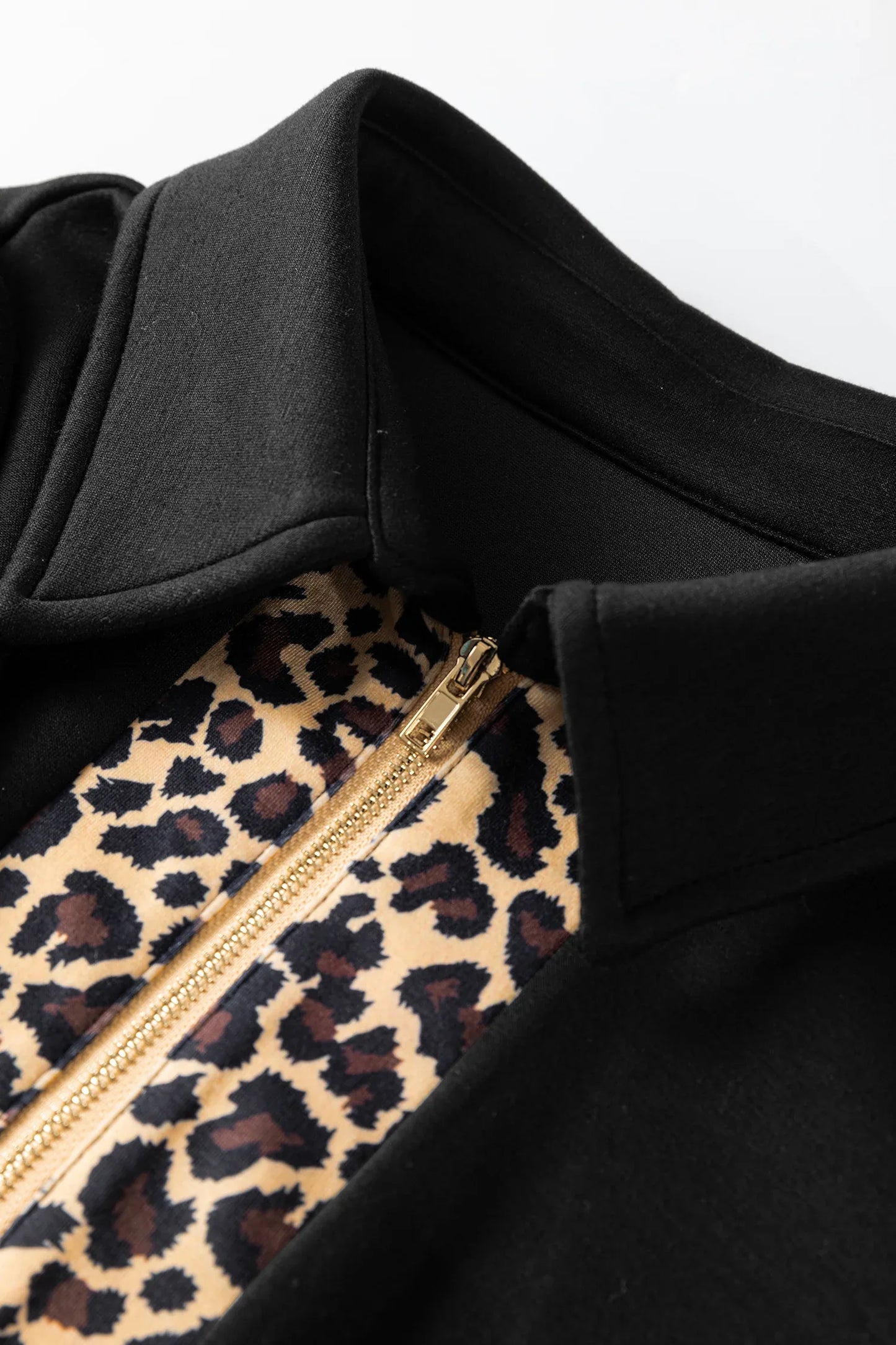 Black Leopard Patchwork Zip Collared Short Puff Sleeve Shift Mini Dress - MarkoFit