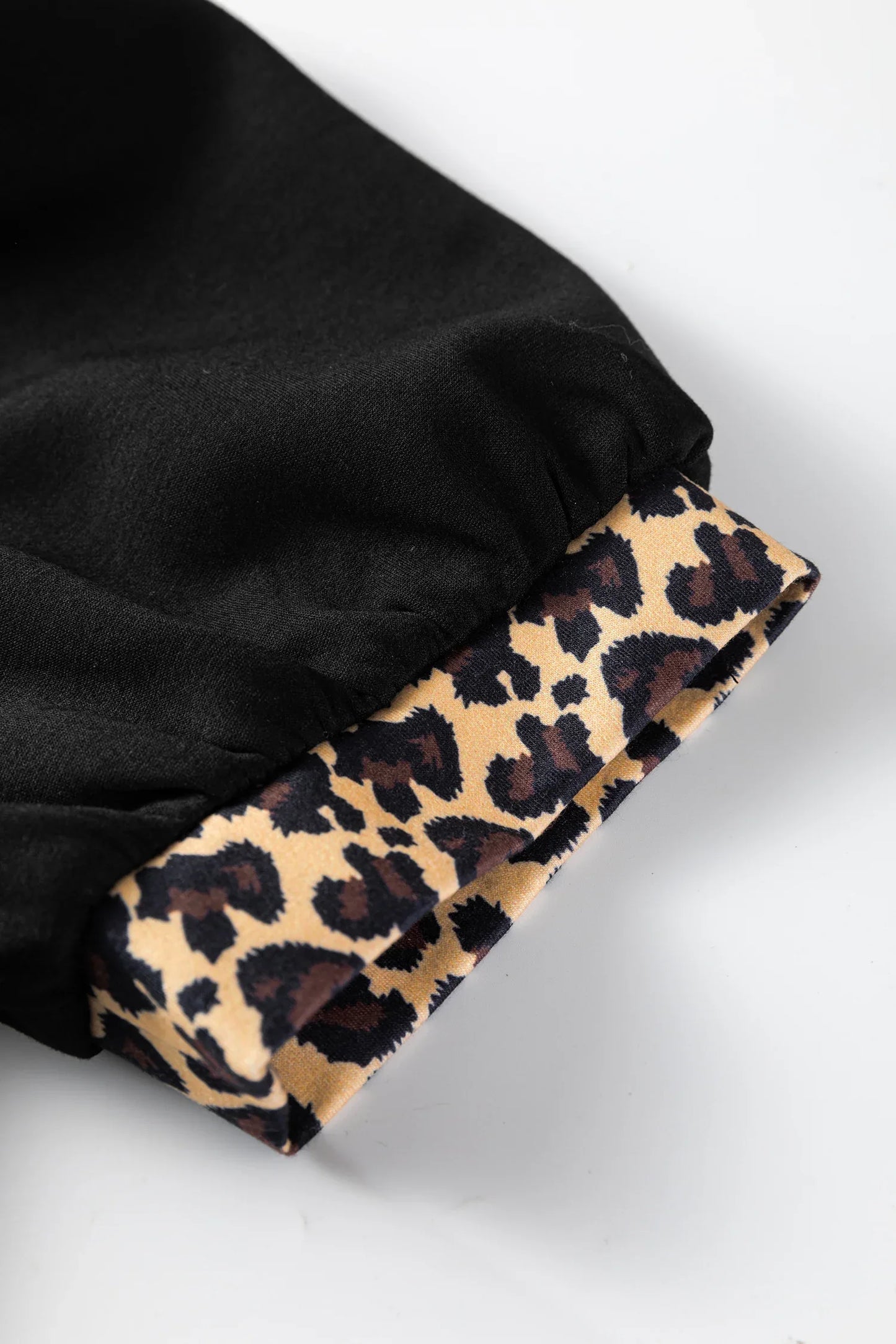 Black Leopard Patchwork Zip Collared Short Puff Sleeve Shift Mini Dress - MarkoFit