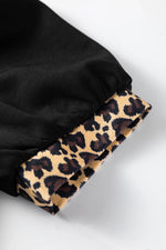 Black Leopard Patchwork Zip Collared Short Puff Sleeve Shift Mini Dress - MarkoFit