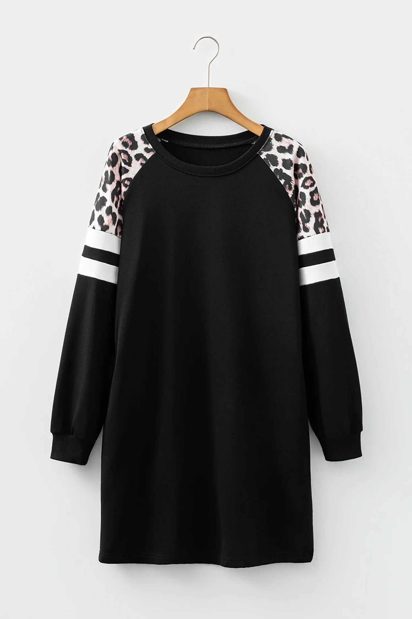 Black Leopard Print Patchwork Varsity Raglan Sleeve Sweatshirt Dress - MarkoFit