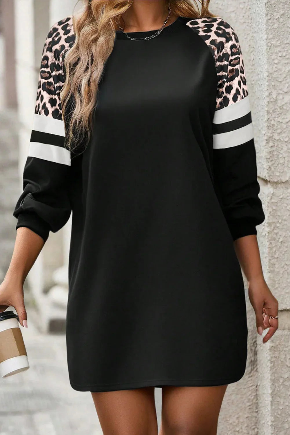Black Leopard Print Patchwork Varsity Raglan Sleeve Sweatshirt Dress - MarkoFit