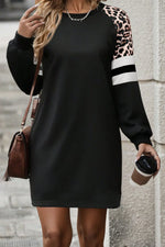 Black Leopard Print Patchwork Varsity Raglan Sleeve Sweatshirt Dress - MarkoFit