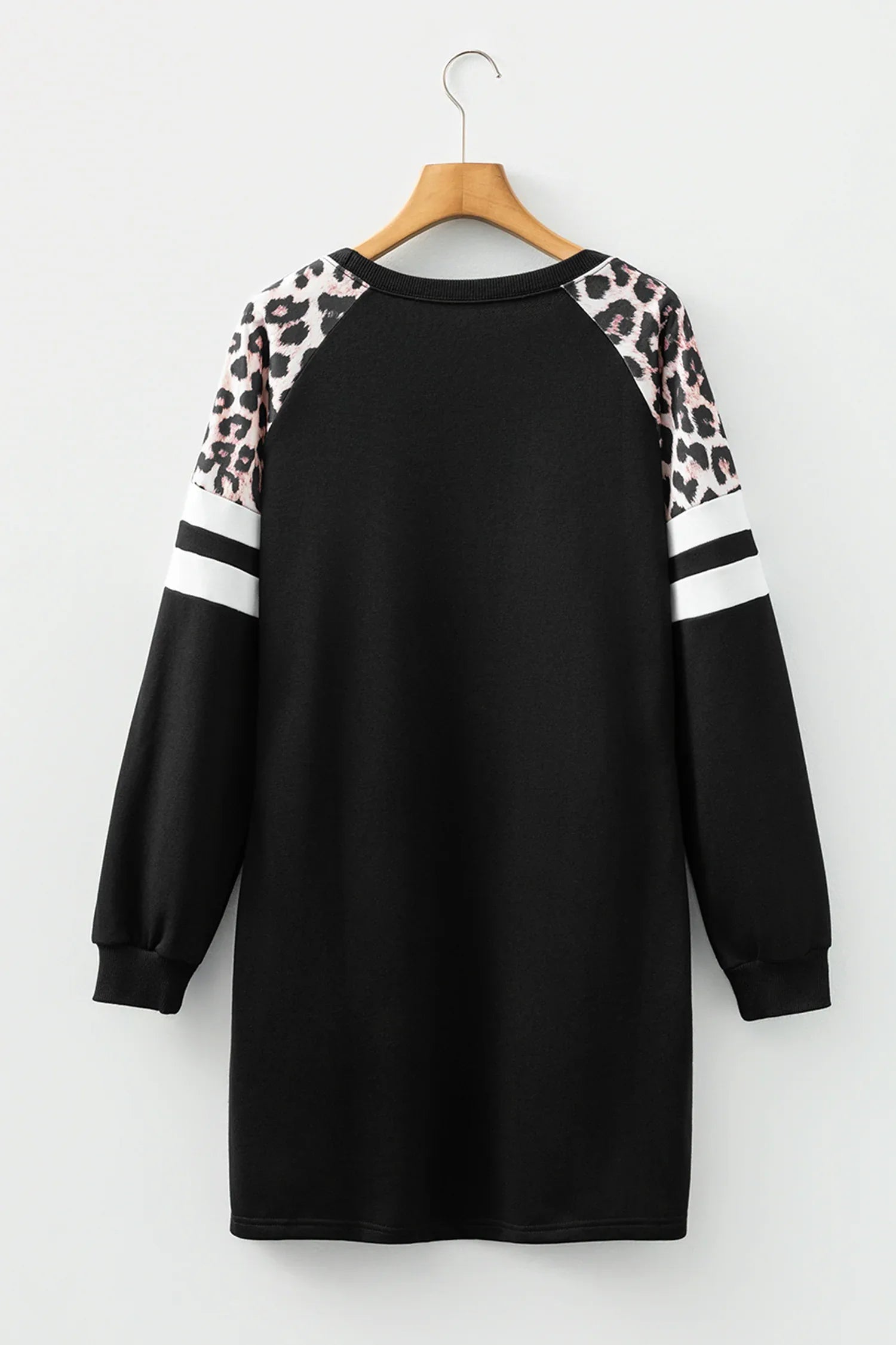 Black Leopard Print Patchwork Varsity Raglan Sleeve Sweatshirt Dress - MarkoFit