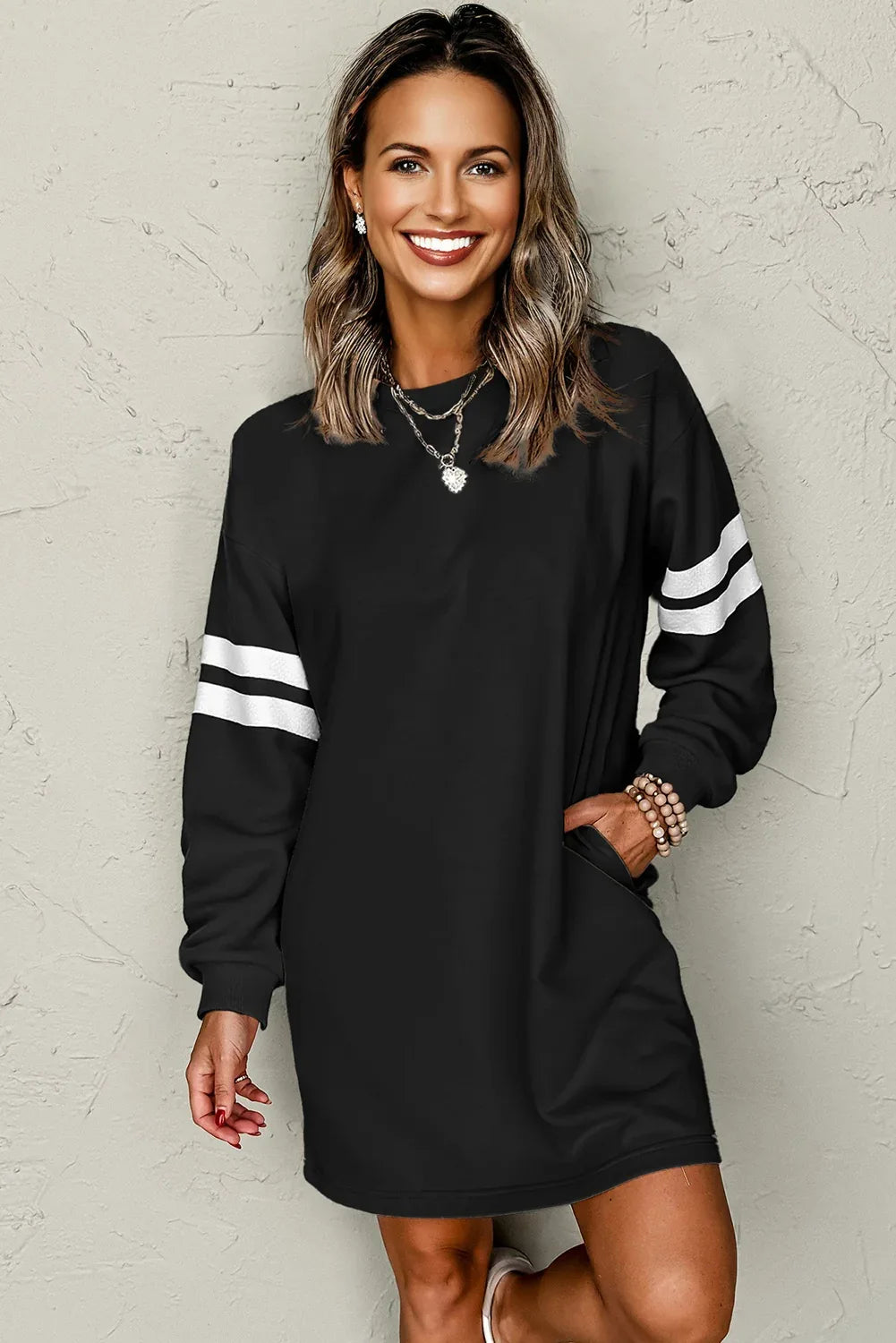 Black Varsity Contrast Banded Sleeve Shift Sweatshirt Dress - MarkoFit