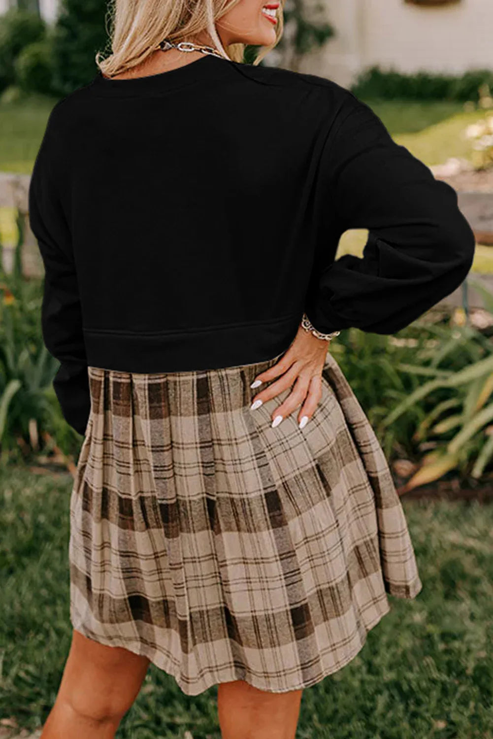 Black Plaid Patchwork High Waist Sweatshirt Mini Dress - MarkoFit