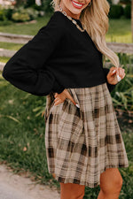 Black Plaid Patchwork High Waist Sweatshirt Mini Dress - MarkoFit