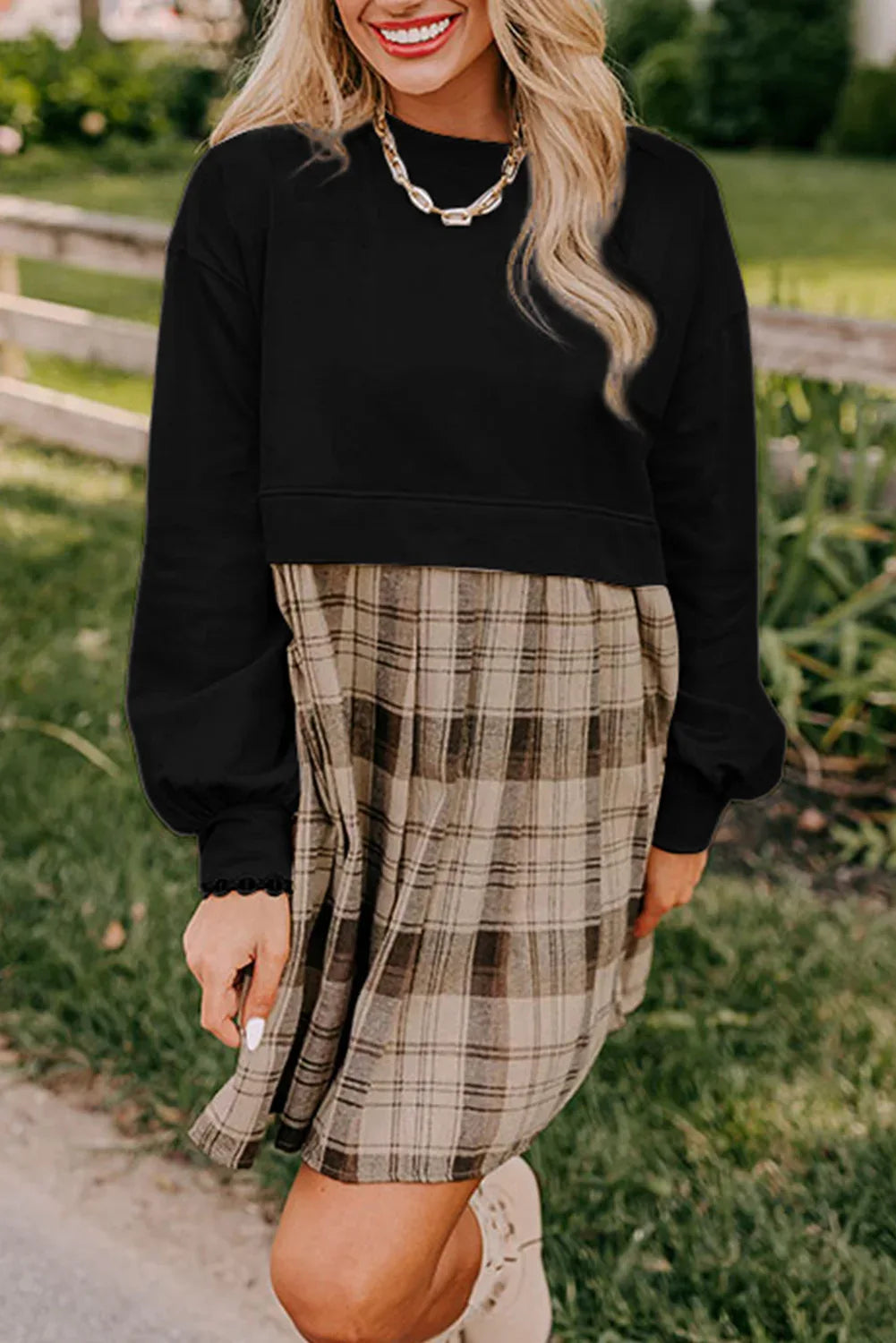 Black Plaid Patchwork High Waist Sweatshirt Mini Dress - MarkoFit
