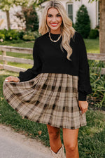 Black Plaid Patchwork High Waist Sweatshirt Mini Dress - MarkoFit