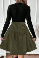 Black Ribbed Knit Slim Bodice Contrast Flared Skirt Patchwork Belted Dress - MarkoFit