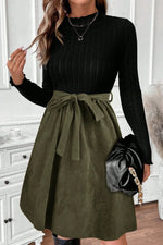 Black Ribbed Knit Slim Bodice Contrast Flared Skirt Patchwork Belted Dress - MarkoFit