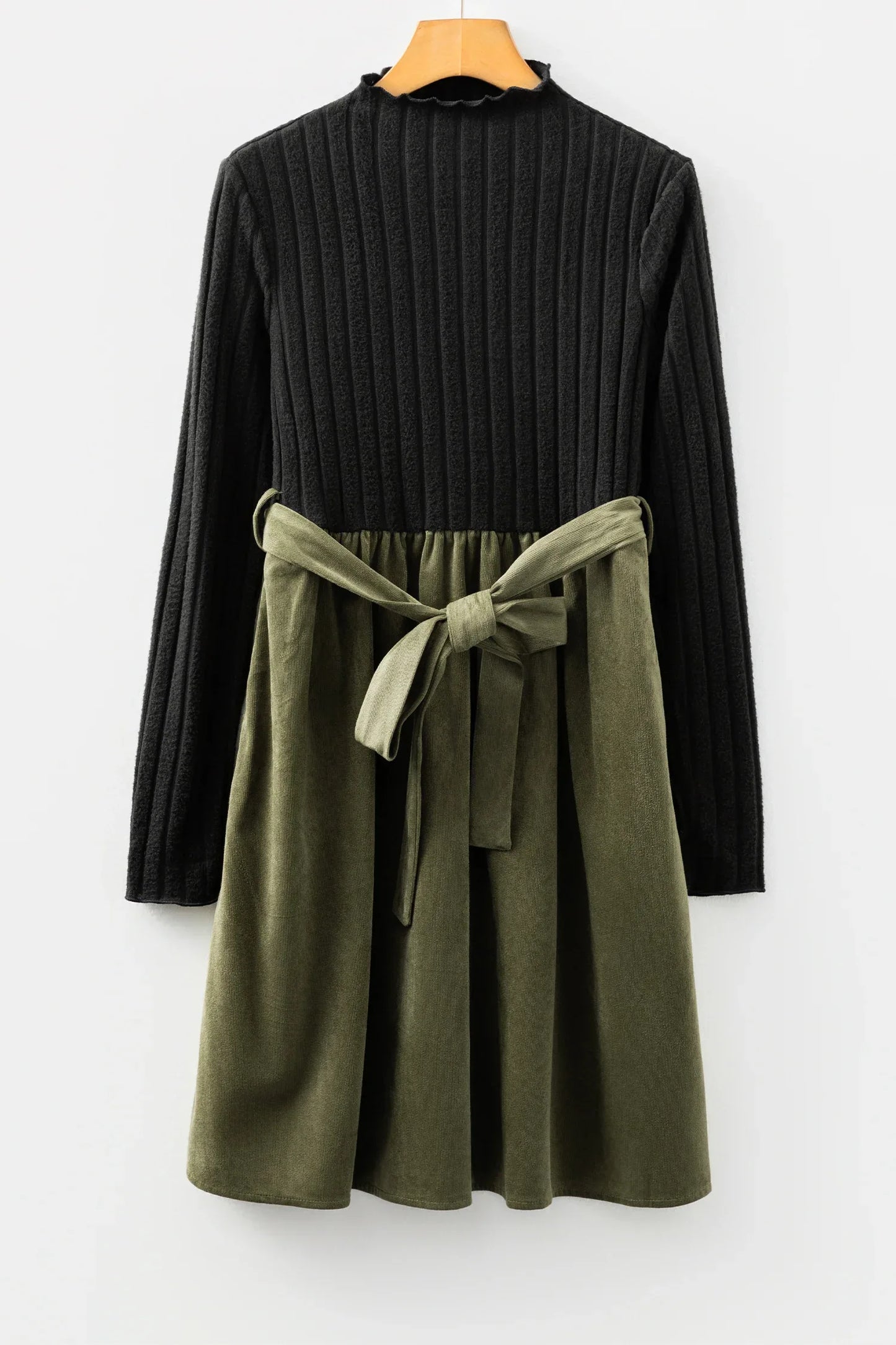 Black Ribbed Knit Slim Bodice Contrast Flared Skirt Patchwork Belted Dress - MarkoFit