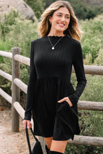 Black Frilled Neck Ribbed Knit Patchwork Long Sleeve Mini Dress - MarkoFit