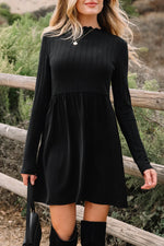 Black Frilled Neck Ribbed Knit Patchwork Long Sleeve Mini Dress - MarkoFit