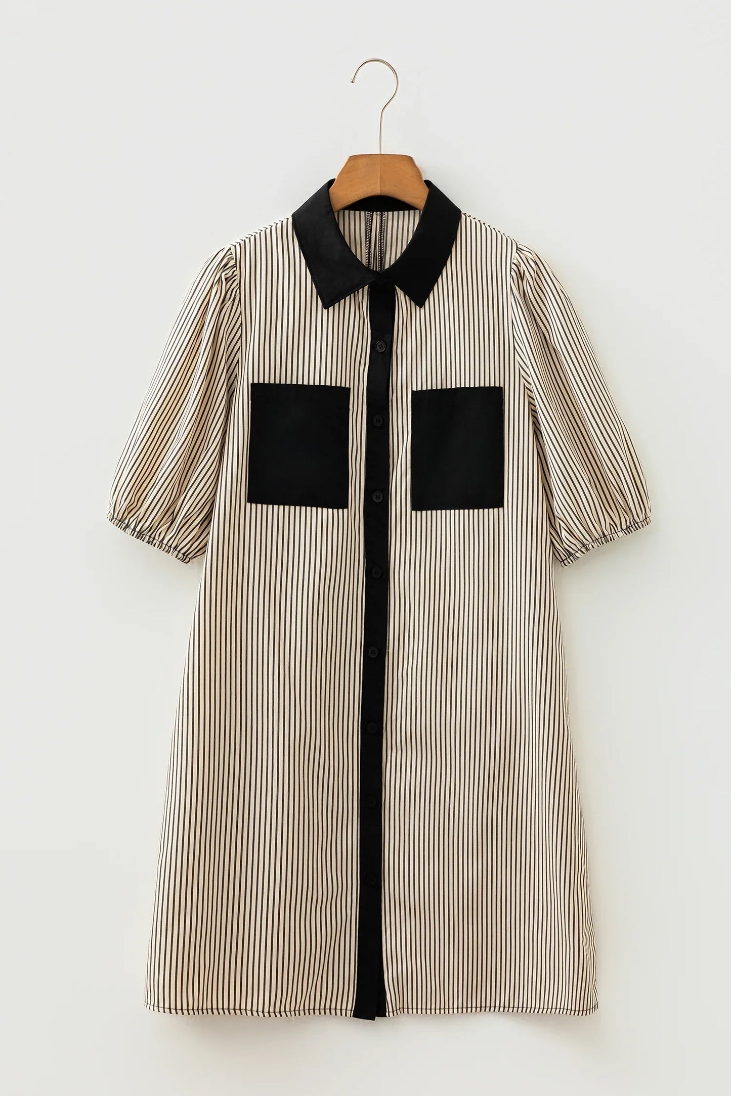 Black Stripe Color Block Patchwork Shirt Collar Button Down Puff Sleeve Mini Dress - MarkoFit