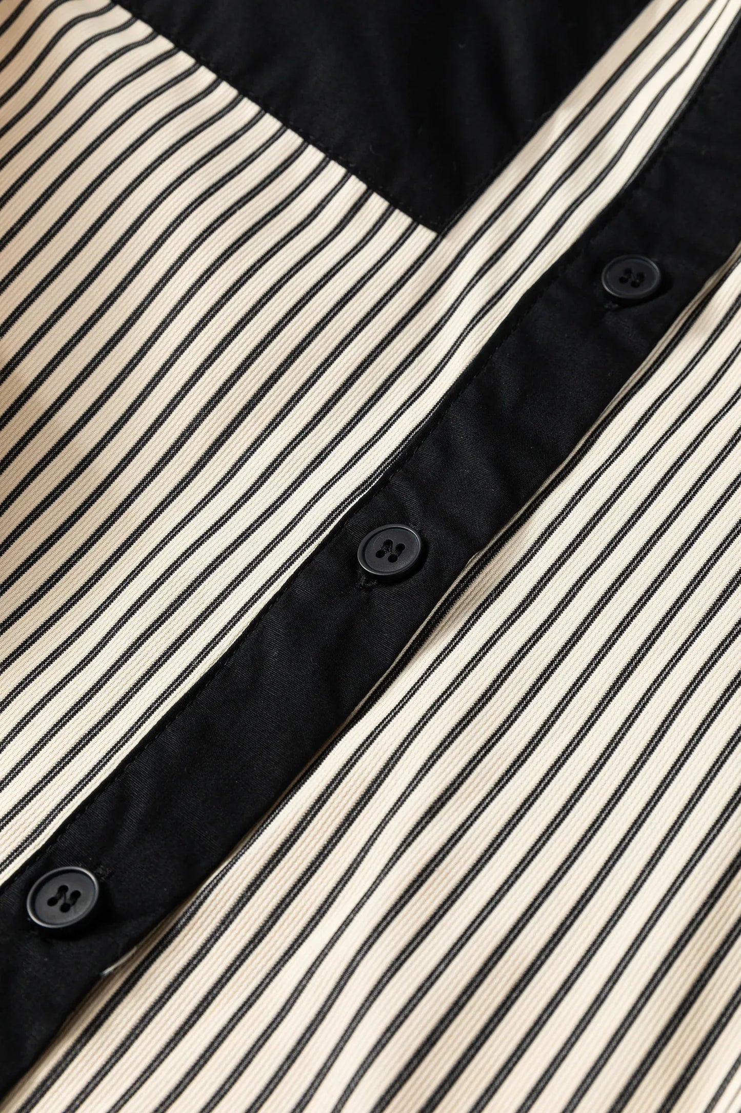 Black Stripe Color Block Patchwork Shirt Collar Button Down Puff Sleeve Mini Dress - MarkoFit