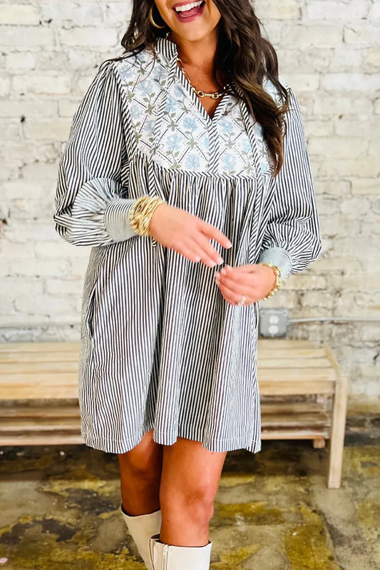 Black Stripe Floral Patchwork Tied V Neck Shift Long Sleeve Mini Dress - MarkoFit