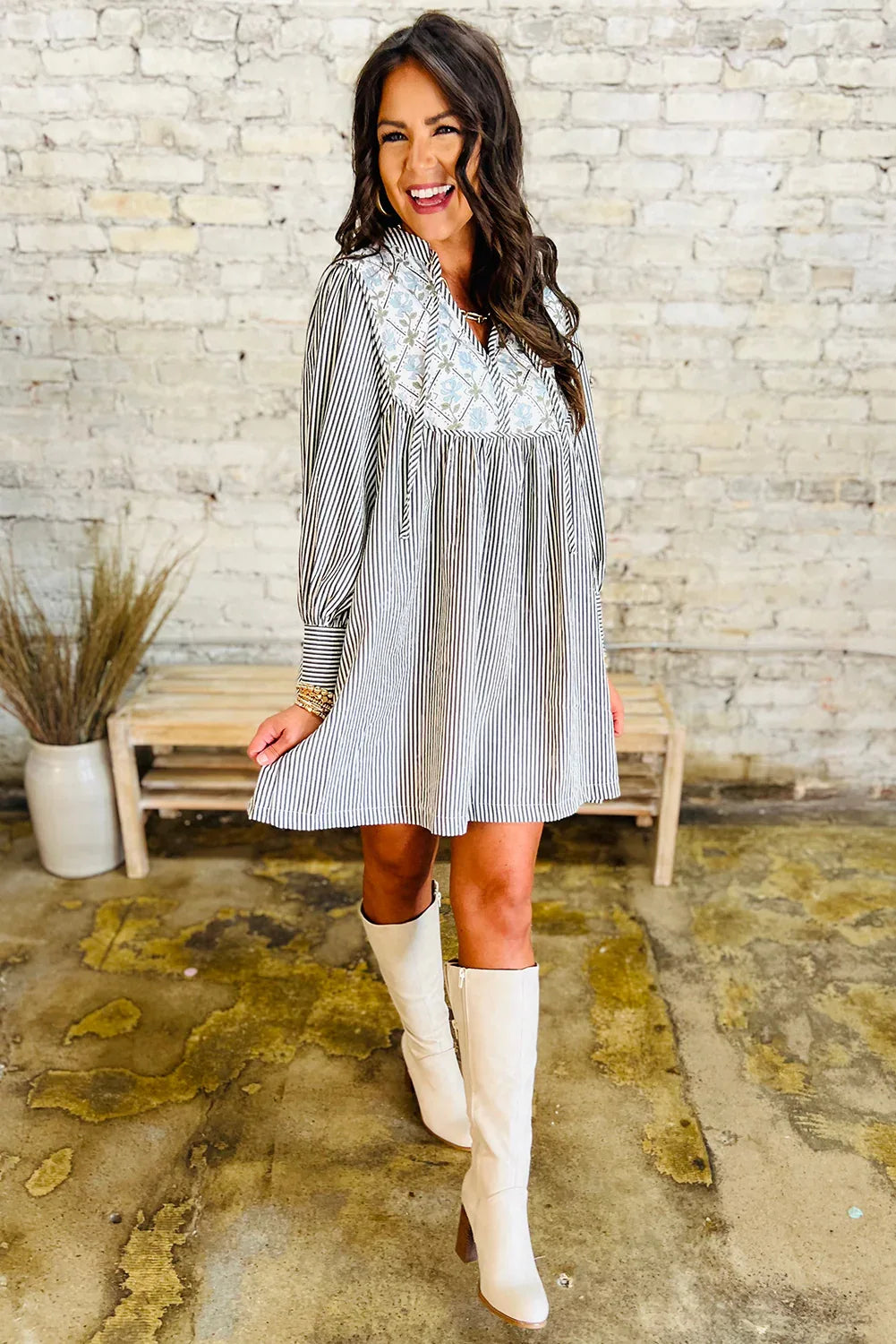 Black Stripe Floral Patchwork Tied V Neck Shift Long Sleeve Mini Dress - MarkoFit