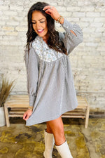 Black Stripe Floral Patchwork Tied V Neck Shift Long Sleeve Mini Dress - MarkoFit