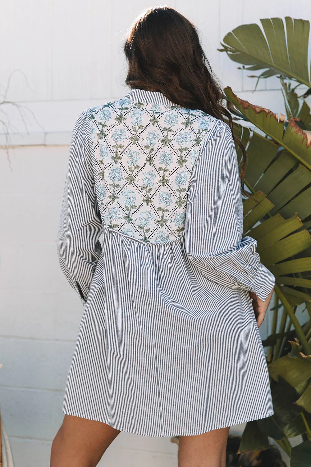 Black Stripe Floral Patchwork Tied V Neck Shift Long Sleeve Mini Dress - MarkoFit