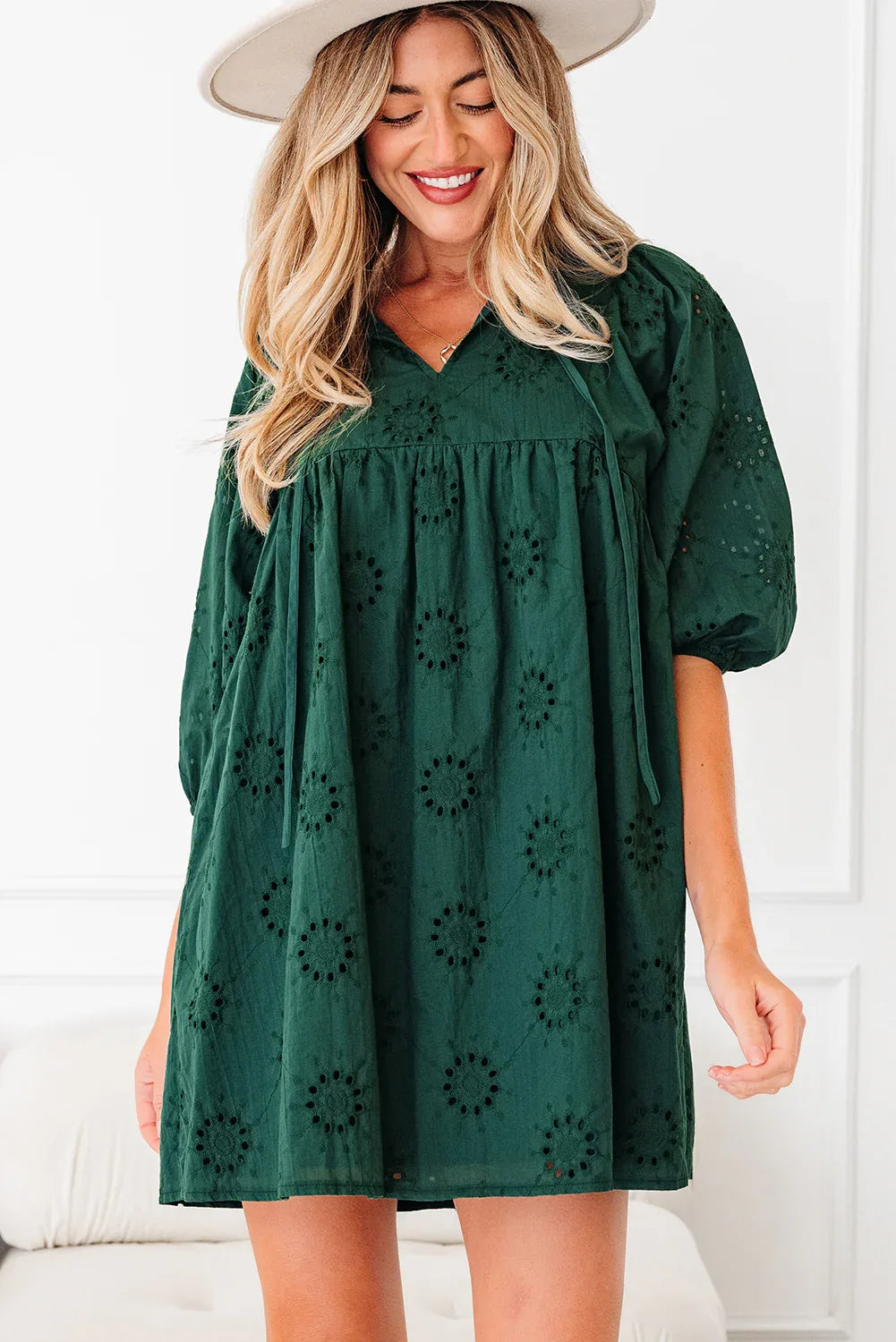 Blackish Green Embroidered Eyelet Pattern 3/4 Puffy Sleeve Swing Mini Dress - MarkoFit
