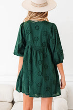 Blackish Green Embroidered Eyelet Pattern 3/4 Puffy Sleeve Swing Mini Dress - MarkoFit