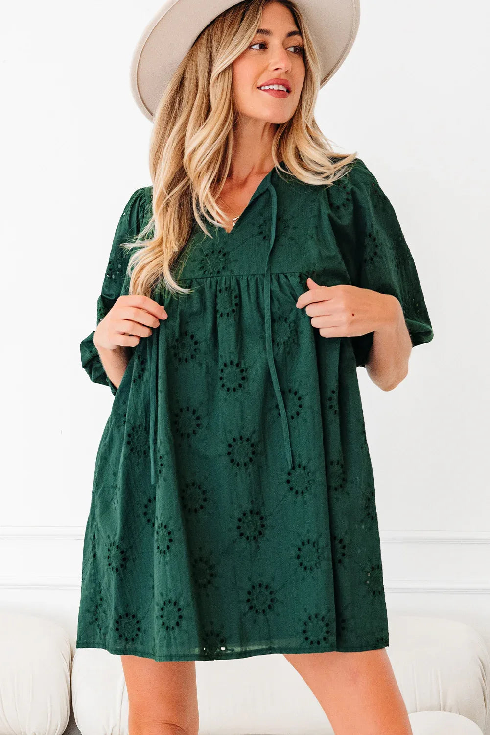 Blackish Green Embroidered Eyelet Pattern 3/4 Puffy Sleeve Swing Mini Dress - MarkoFit
