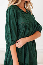 Blackish Green Embroidered Eyelet Pattern 3/4 Puffy Sleeve Swing Mini Dress - MarkoFit