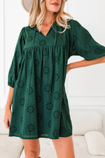 Blackish Green Embroidered Eyelet Pattern 3/4 Puffy Sleeve Swing Mini Dress - MarkoFit