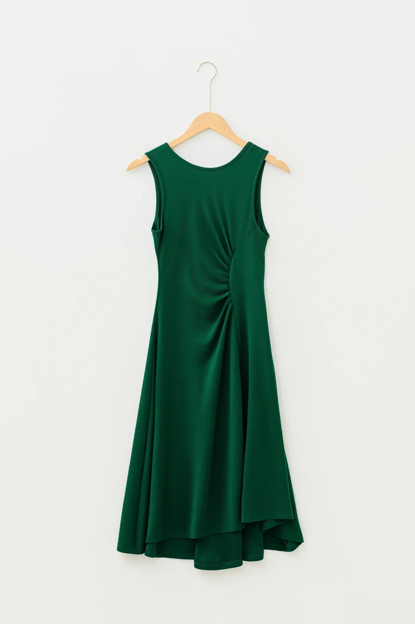 Blackish Green Solid Color Round Neck Ruched Detail Sleeveless Mini Dress - MarkoFit