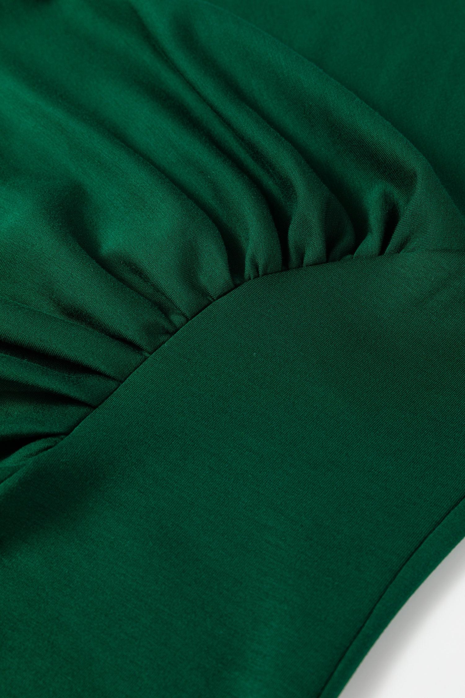 Blackish Green Solid Color Round Neck Ruched Detail Sleeveless Mini Dress - MarkoFit