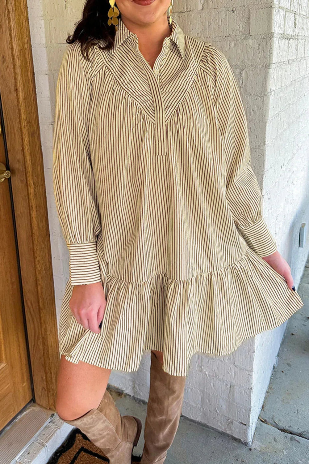 Brown Stripe Collared Neck Cuffed Long Sleeve Drop Waist Mini Dress - MarkoFit