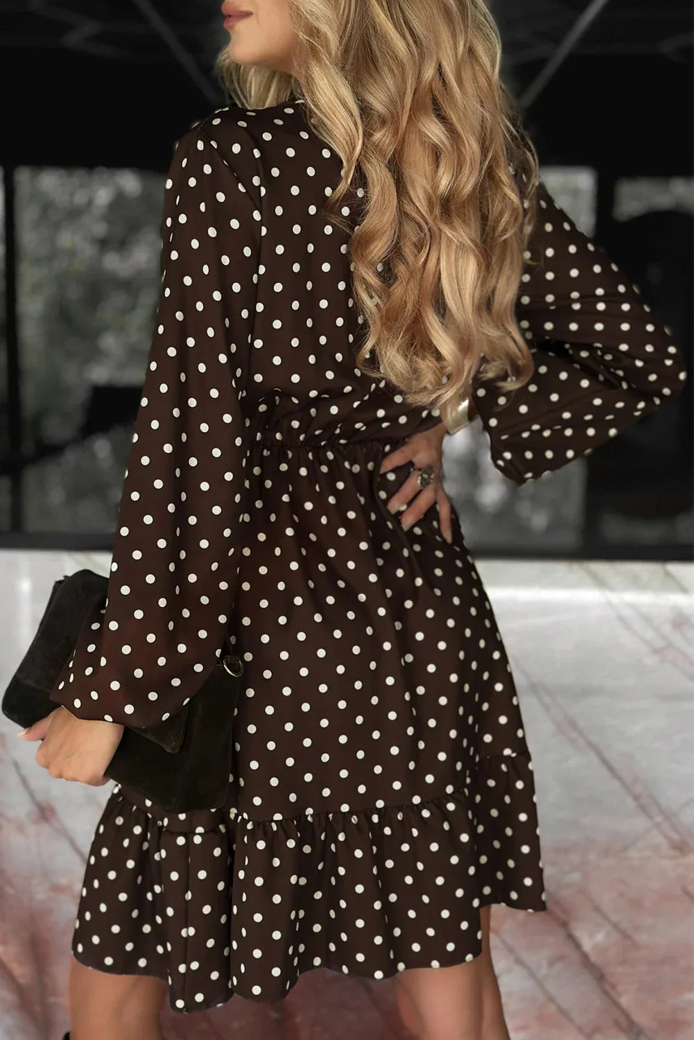Chicory Coffee Polka Dot Long Sleeve Wrap V Neck Ruffle Hem Mini Dress - MarkoFit