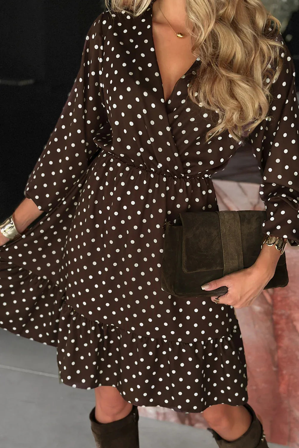 Chicory Coffee Polka Dot Long Sleeve Wrap V Neck Ruffle Hem Mini Dress - MarkoFit