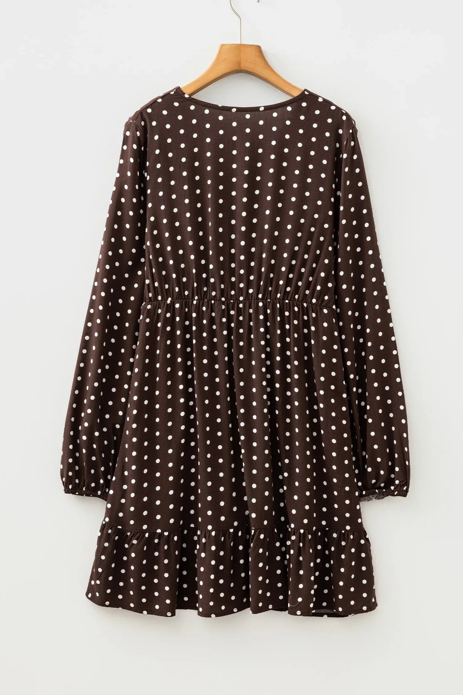 Chicory Coffee Polka Dot Long Sleeve Wrap V Neck Ruffle Hem Mini Dress - MarkoFit