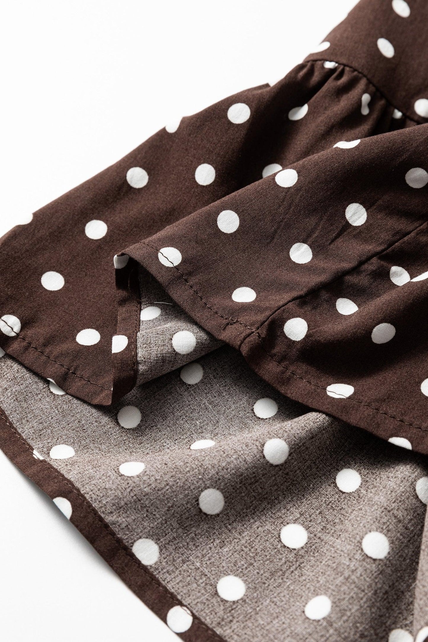 Chicory Coffee Polka Dot Long Sleeve Wrap V Neck Ruffle Hem Mini Dress - MarkoFit