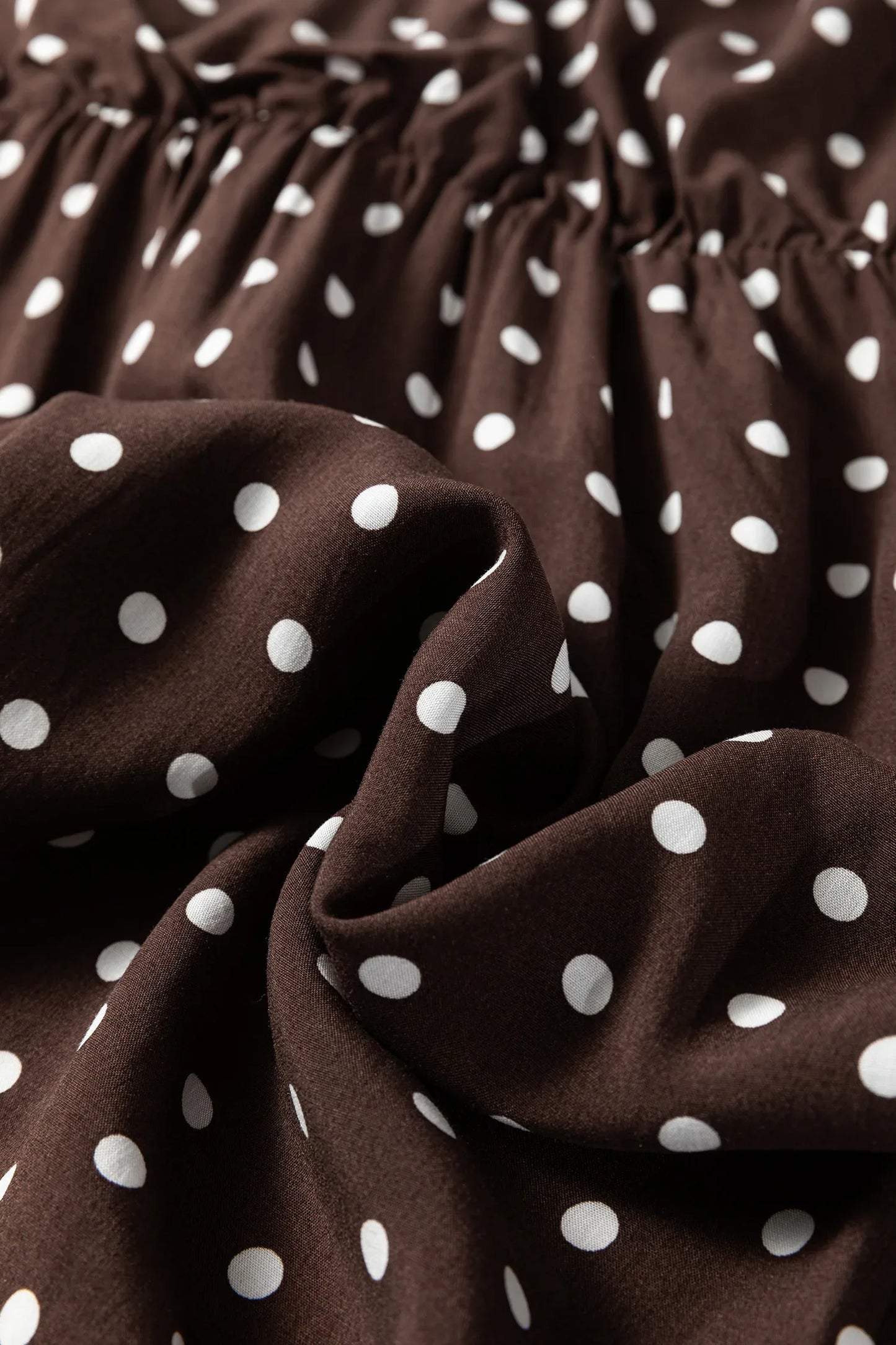 Chicory Coffee Polka Dot Long Sleeve Wrap V Neck Ruffle Hem Mini Dress - MarkoFit