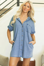 Dusk Blue Short Sleeve Pocketed Button up Denim Tunic Dress - MarkoFit