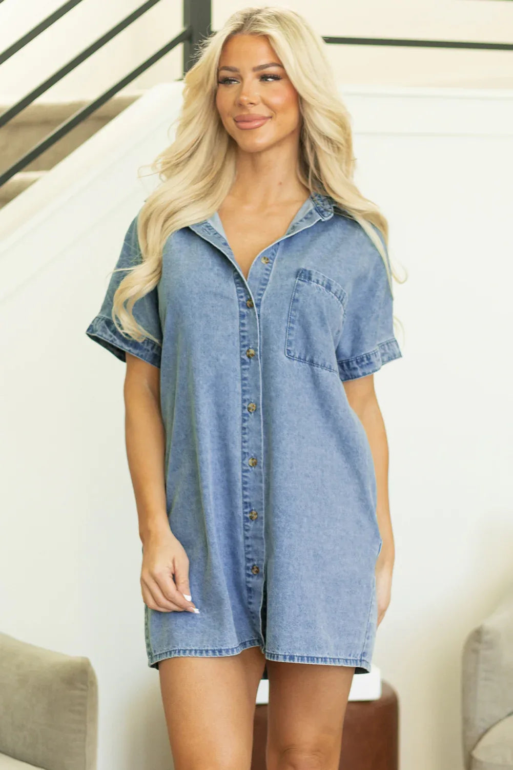 Dusk Blue Short Sleeve Pocketed Button up Denim Tunic Dress - MarkoFit