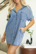Dusk Blue Short Sleeve Pocketed Button up Denim Tunic Dress - MarkoFit