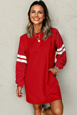 Fiery Red Varsity Contrast Banded Sleeve Shift Sweatshirt Dress - MarkoFit