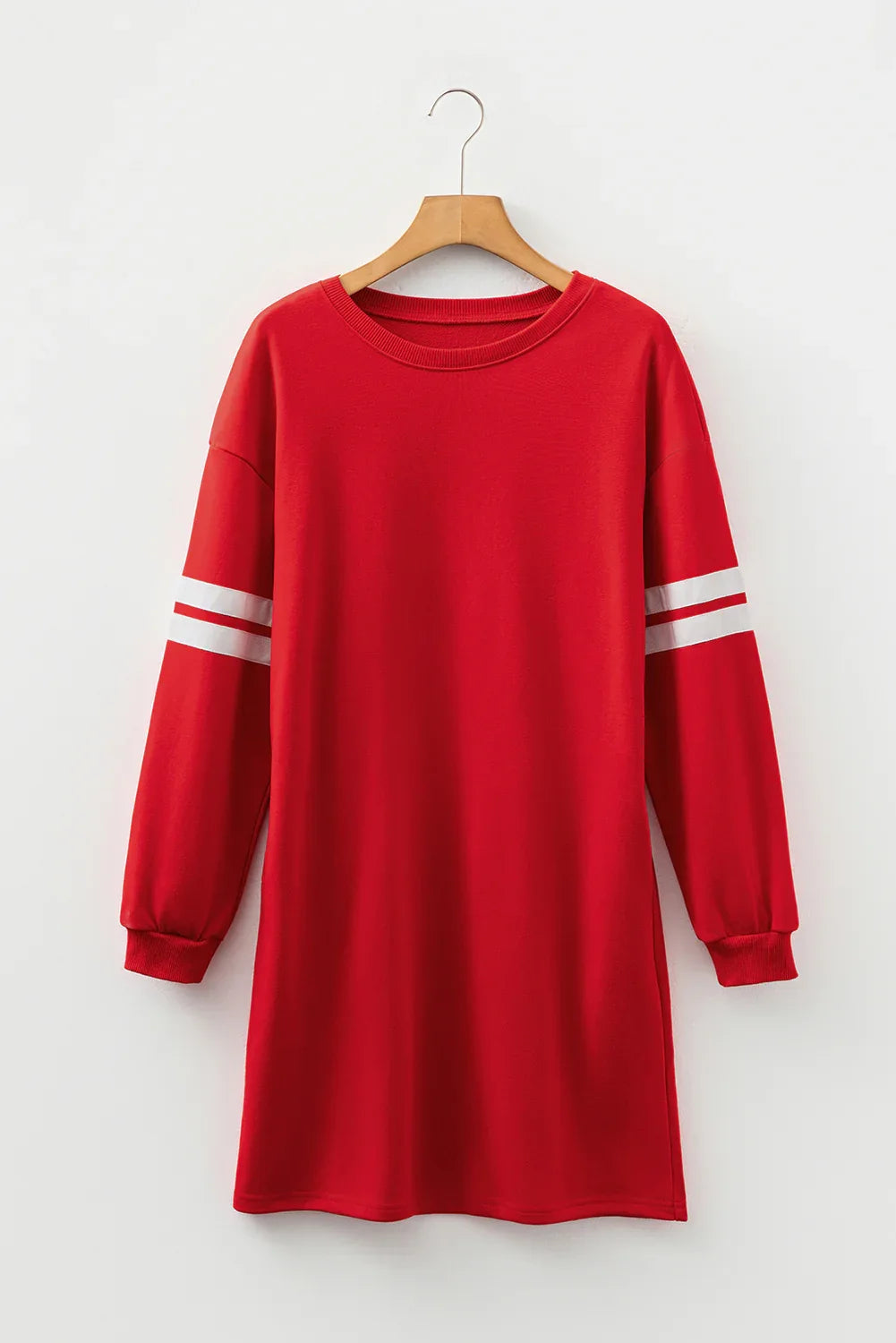 Fiery Red Varsity Contrast Banded Sleeve Shift Sweatshirt Dress - MarkoFit