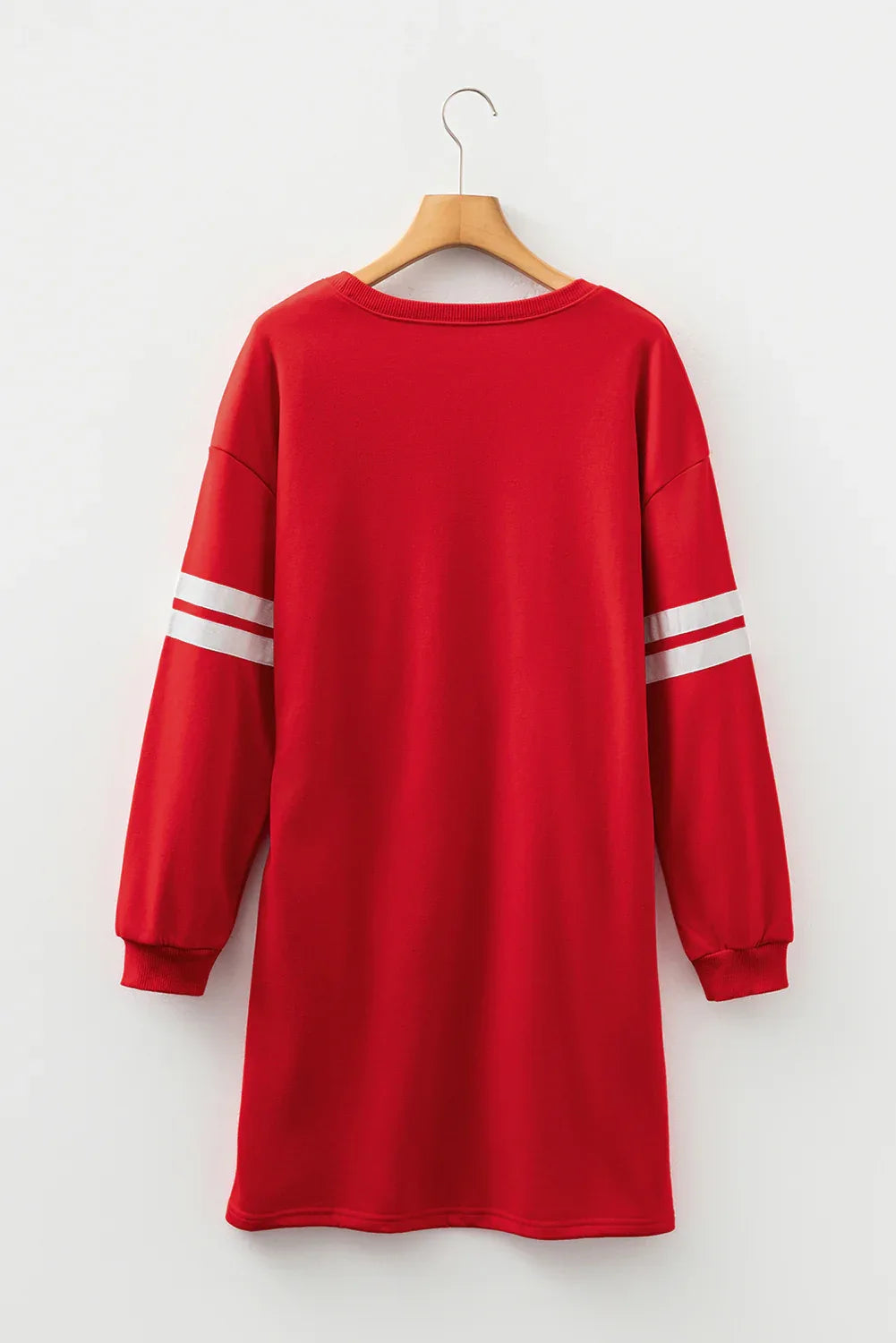 Fiery Red Varsity Contrast Banded Sleeve Shift Sweatshirt Dress - MarkoFit