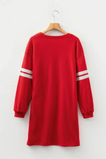 Fiery Red Varsity Contrast Banded Sleeve Shift Sweatshirt Dress - MarkoFit
