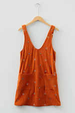 Gold Flame Flower Embroidered Corduroy Overall Mini Dress - MarkoFit