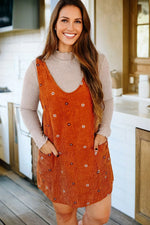 Gold Flame Flower Embroidered Corduroy Overall Mini Dress - MarkoFit