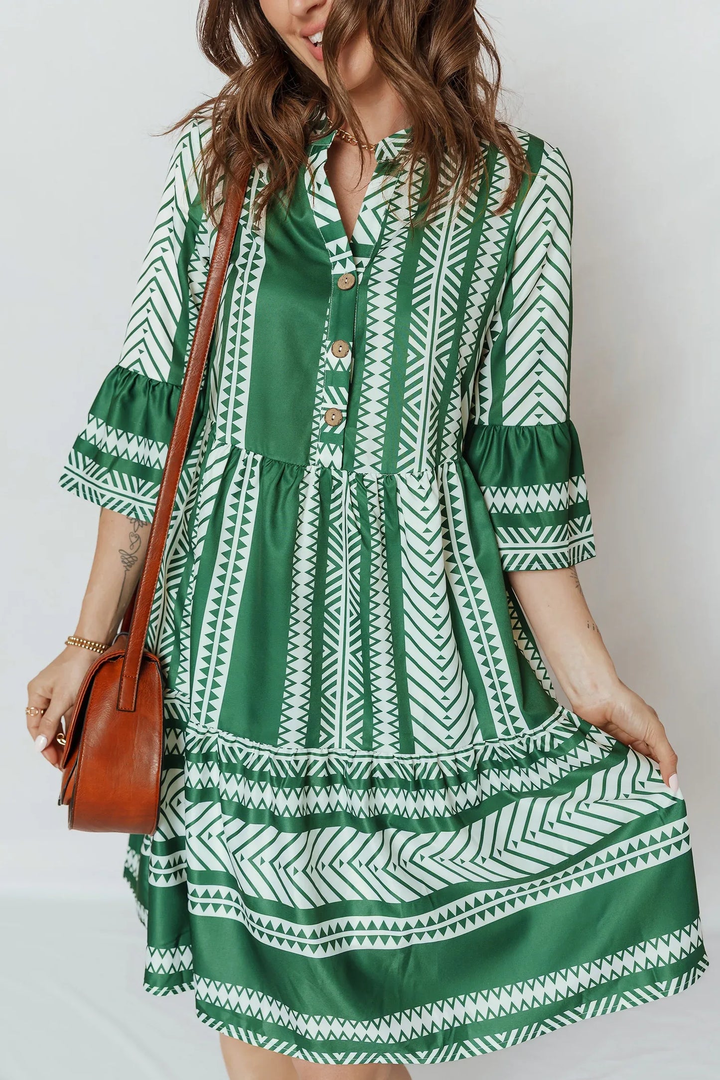 Green Boho Ethnic Print Half Button 3/4 Sleeve Casual Dress - MarkoFit