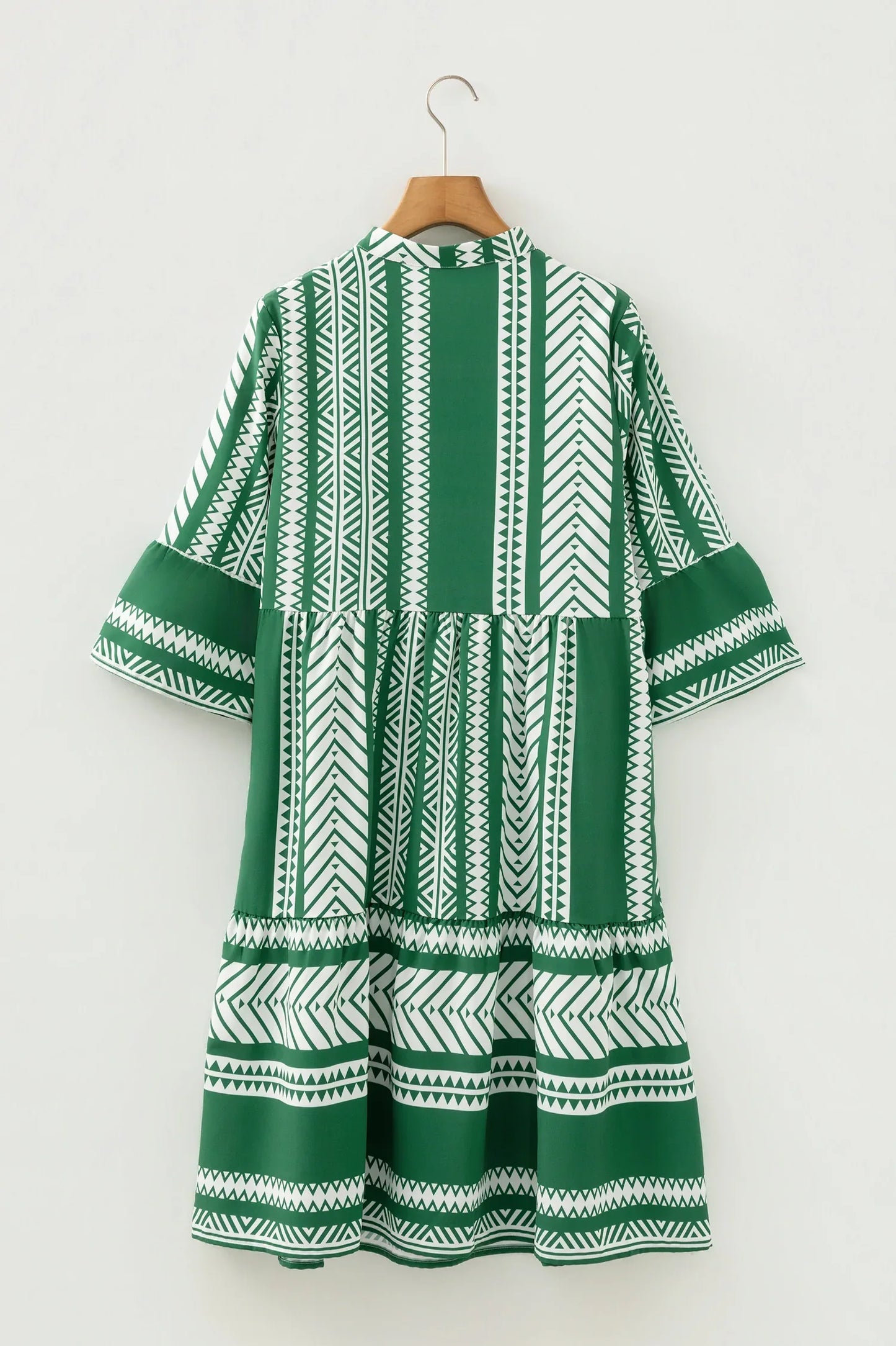 Green Boho Ethnic Print Half Button 3/4 Sleeve Casual Dress - MarkoFit