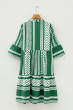 Green Boho Ethnic Print Half Button 3/4 Sleeve Casual Dress - MarkoFit